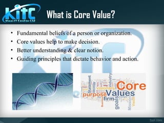 What is Core Value?
• Fundamental beliefs of a person or organization.
• Core values help to make decision.
• Better understanding & clear notion.
• Guiding principles that dictate behavior and action.
 