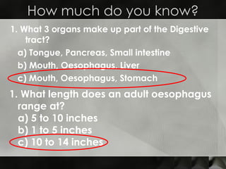 1. What 3 organs make up part of the Digestive tract? a) Tongue, Pancreas, Small intestine b) Mouth, Oesophagus, Liver  c) Mouth, Oesophagus, Stomach How much do you know? What length does an adult oesophagus range at? a) 5 to 10 inches b) 1 to 5 inches c) 10 to 14 inches 