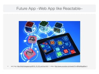 Future App –Web App like Reactable– 
• src( img: http://biqfr.blogspot.jp/2010_10_03_archive.html | video: http://www.youtube.com/watch?v=MHeX6yg95xU ) 
 