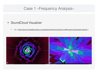 Case 1 –Frequency Analysis– 
• SoundCloud Visualizer 
• src ( http://www.michaelbromley.co.uk/experiments/soundcloud-vis/#muse/undisclosed-desires ) 
 