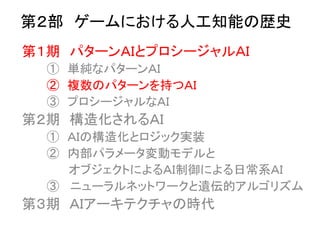 第２部 ゲームにおける人工知能の歴史
第１期 パターンＡＩとプロシージャルＡＩ
① 単純なパターンＡＩ
② 複数のパターンを持つＡＩ
③ プロシージャルなＡＩ
第２期 構造化されるＡＩ
① ＡＩの構造化とロジック実装
② 内部パラメータ変動モデルと
オブジェクトによるＡＩ制御による日常系ＡＩ
③ ニューラルネットワークと遺伝的アルゴリズム
第３期 ＡＩアーキテクチャの時代
 