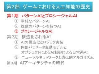 第２部 ゲームにおける人工知能の歴史
第１期 パターンＡＩとプロシージャルＡＩ
① 単純なパターンＡＩ
② 複数のパターンを持つＡＩ
③ プロシージャルなＡＩ
第２期 構造化されるＡＩ
① ＡＩの構造化とロジック実装
② 内部パラメータ変動モデルと
オブジェクトによるＡＩ制御による日常系ＡＩ
③ ニューラルネットワークと遺伝的アルゴリズム
第３期 ＡＩアーキテクチャの時代
 