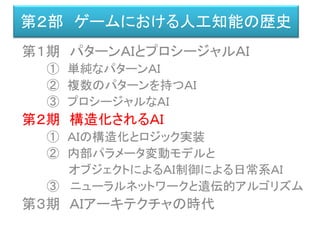 第２部 ゲームにおける人工知能の歴史
第１期 パターンＡＩとプロシージャルＡＩ
① 単純なパターンＡＩ
② 複数のパターンを持つＡＩ
③ プロシージャルなＡＩ
第２期 構造化されるＡＩ
① ＡＩの構造化とロジック実装
② 内部パラメータ変動モデルと
オブジェクトによるＡＩ制御による日常系ＡＩ
③ ニューラルネットワークと遺伝的アルゴリズム
第３期 ＡＩアーキテクチャの時代
 