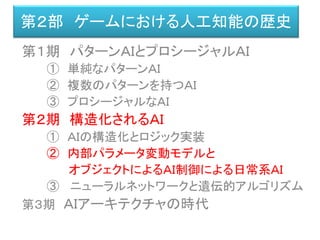 第２部 ゲームにおける人工知能の歴史
第１期 パターンＡＩとプロシージャルＡＩ
① 単純なパターンＡＩ
② 複数のパターンを持つＡＩ
③ プロシージャルなＡＩ
第２期 構造化されるＡＩ
① ＡＩの構造化とロジック実装
② 内部パラメータ変動モデルと
オブジェクトによるＡＩ制御による日常系ＡＩ
③ ニューラルネットワークと遺伝的アルゴリズム
第３期 ＡＩアーキテクチャの時代
 