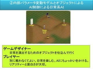 ②内部パラメータ変動モデルとオブジェクトによる
ＡＩ制御による日常系ＡＩ
ゲームデザイナー
日常を演出するためのオブジェクトを仕込んで行く
プレイヤー
別に戦わなくてよい。日常を楽しむ。ＡＩにちょっかいをかける。
リアリティーと面白さが大切。
 