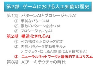 第２部 ゲームにおける人工知能の歴史
第１期 パターンＡＩとプロシージャルＡＩ
① 単純なパターンＡＩ
② 複数のパターンを持つＡＩ
③ プロシージャルなＡＩ
第２期 構造化されるＡＩ
① ＡＩの構造化とロジック実装
② 内部パラメータ変動モデルと
オブジェクトによるＡＩ制御による日常系ＡＩ
③ ニューラルネットワークと遺伝的アルゴリズム
第３期 ＡＩアーキテクチャの時代
 