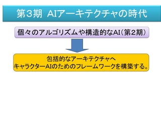 第３期 ＡＩアーキテクチャの時代
個々のアルゴリズムや構造的なＡＩ（第２期）
包括的なアーキテクチャへ
キャラクターＡＩのためのフレームワークを構築する。
 
