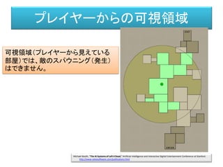 プレイヤーからの可視領域
可視領域（プレイヤーから見えている
部屋）では、敵のスパウニング（発生）
はできません。
Michael Booth, "The AI Systems of Left 4 Dead," Artificial Intelligence and Interactive Digital Entertainment Conference at Stanford.
http://www.valvesoftware.com/publications.html
 