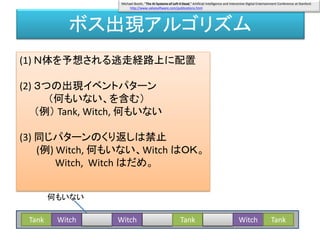 ボス出現アルゴリズム
(1) Ｎ体を予想される逃走経路上に配置
(2) ３つの出現イベントパターン
（何もいない、を含む）
（例） Tank, Witch, 何もいない
(3) 同じパターンのくり返しは禁止
(例) Witch, 何もいない、Witch はＯＫ。
Witch, Witch はだめ。
何もいない
Michael Booth, "The AI Systems of Left 4 Dead," Artificial Intelligence and Interactive Digital Entertainment Conference at Stanford.
http://www.valvesoftware.com/publications.html
Tank Witch Witch Tank Witch Tank
 