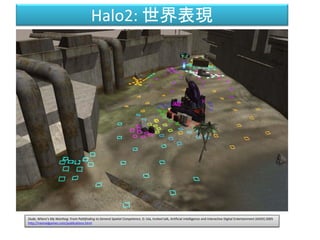 Halo2: 世界表現
Dude, Where's My Warthog: From Pathfinding to General Spatial Competence, D. Isla, Invited talk, Artificial Intelligence and Interactive Digital Entertainment (AIIDE) 2005
http://naimadgames.com/publications.html
 