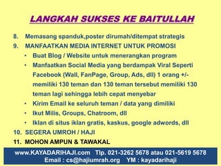 Kisah Nyata : Increasa SupartinahDaftar 9 Agustus 2010 (bayar DP Rp 3,5 juta)Dalam 4 minggu terkumpul Rp 16,35 juta  LUNAS 30/9  Komisi 2, 45jt Total Komisi selama 1,5 bulanRp 21,250 jt3/9 : 650 ribuTotal Rp 16,35 jt8/9 Komisi 2,45 jt 26/8  Komisi 5,6 jt 19/8 Komisi 5,15 jt12/8  Komisi 4,95 jt www.HAJIUMRAH.ORG   Telp. 021-3262 5678 atau 021-5619 5678                       Email : cs@hajiumrah.orgTanggal9/8 DP 3,5 jt