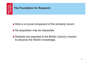 The Foundation for Research




Data is a crucial component of the scholarly record.

Re-acquisition may be impossible

Da...