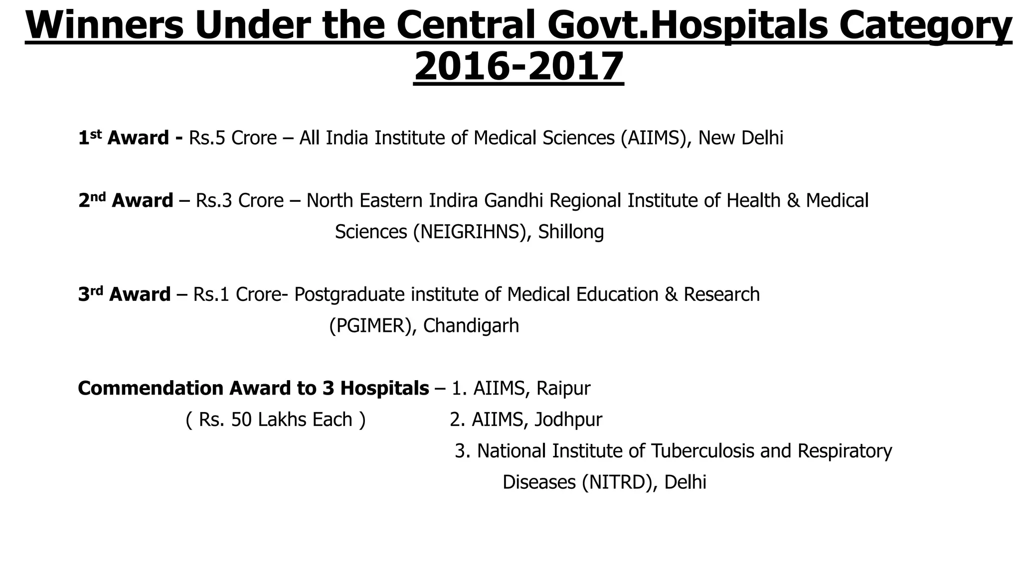 Winners Under the Central Govt.Hospitals Category
2016-2017
1st Award - Rs.5 Crore – All India Institute of Medical Sciences (AIIMS), New Delhi
2nd Award – Rs.3 Crore – North Eastern Indira Gandhi Regional Institute of Health & Medical
Sciences (NEIGRIHNS), Shillong
3rd Award – Rs.1 Crore- Postgraduate institute of Medical Education & Research
(PGIMER), Chandigarh
Commendation Award to 3 Hospitals – 1. AIIMS, Raipur
( Rs. 50 Lakhs Each ) 2. AIIMS, Jodhpur
3. National Institute of Tuberculosis and Respiratory
Diseases (NITRD), Delhi
 
