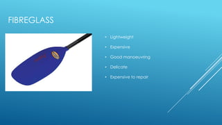 FIBREGLASS
• Lightweight
• Expensive
• Good manoeuvring
• Delicate
• Expensive to repair
 