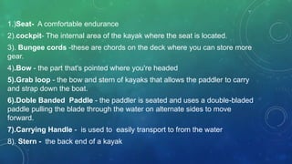 1.)Seat- A comfortable endurance
2).cockpit- The internal area of the kayak where the seat is located.
3). Bungee cords -these are chords on the deck where you can store more
gear.
4).Bow - the part that's pointed where you're headed
5).Grab loop - the bow and stern of kayaks that allows the paddler to carry
and strap down the boat.
6).Doble Banded Paddle - the paddler is seated and uses a double-bladed
paddle pulling the blade through the water on alternate sides to move
forward.
7).Carrying Handle - is used to easily transport to from the water
8). Stern - the back end of a kayak
 