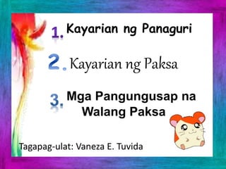 Kayarian ng Panaguri
Kayarian ng Paksa
Mga Pangungusap na
Walang Paksa
Tagapag-ulat: Vaneza E. Tuvida
 