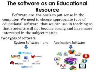 The software as an Educational
Resource
Software are the one's to put sense in the
computer. We need to choose appropriate type of
educational software that we can use in teaching so
that students will not become boring and have more
interested in the subject matter.
Two types of Software
System Software and Application Software
 