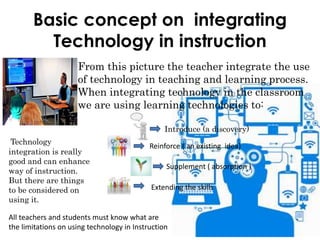 Basic concept on integrating
Technology in instruction
From this picture the teacher integrate the use
of technology in teaching and learning process.
When integrating technology in the classroom
we are using learning technologies to:
Introduce (a discovery)
Reinforce ( an existing idea)
Supplement ( absorption )
Extending the skills
Technology
integration is really
good and can enhance
way of instruction.
But there are things
to be considered on
using it.
All teachers and students must know what are
the limitations on using technology in Instruction
 