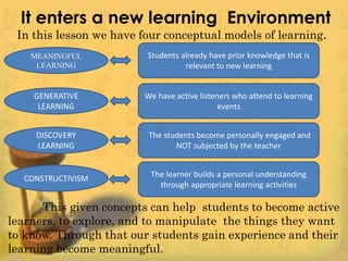 It enters a new learning Environment
In this lesson we have four conceptual models of learning.
MEANINGFUL
LEARNING
Students already have prior knowledge that is
relevant to new learning
GENERATIVE
LEARNING
DISCOVERY
LEARNING
CONSTRUCTIVISM
We have active listeners who attend to learning
events
The students become personally engaged and
NOT subjected by the teacher
The learner builds a personal understanding
through appropriate learning activities
This given concepts can help students to become active
learners, to explore, and to manipulate the things they want
to know. Through that our students gain experience and their
learning become meaningful.
 