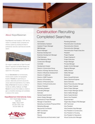 Construction Recruiting 
Completed Searches About Kaye/Bassman 
Accountant 
Administrative Assistant 
Assistant Project Manager 
BIM Manager 
Branch Manager 
Business Development 
Business Development Manager 
Chief Estimator 
Chief Marketing Officer 
Construction Manager 
Controller 
Development Analyst 
Director of Automotive Group 
Director of Energy Services Group 
Director of Business Development 
Director of Healthcare 
Director of MEP Systems 
Director of Purchasing 
Director of Preconstruction 
Director of Virtual Construction 
Division President 
Estimating Assistant 
Estimating Manager 
Estimator 
General Superintendent 
Interior Design Manager 
Maintenance Project Manager 
Manager of Operations 
Marketing Coordinator/Proposal Writer 
Marketing Manager 
Mechanical Coordinator 
MEP Coordinator 
MEP Manager 
Planner 
Plant Electrical and Automation Lead 
Plumbing Estimator 
Preconstruction Coordinator 
Preconstruction Director 
Preconstruction Manager 
Preconstruction Project Executive 
President 
Project Engineer 
Project Engineer II 
Project Executive 
Project Manager 
Process Manager 
Quality Control Manager 
Regional Manager 
Safety Director 
Safety Manager 
Scheduler 
Senior Drywall Estimator 
Senior Electrical Engineer 
Senior Estimator 
Senior Preconstruction Manager 
Senior Project Engineer 
Senior Project Manager 
Senior Project Manager QA/QC 
Senior Safety Manager 
Senior Superintendent 
Senior Vice President 
Superintendent 
Target Value Design (TVD) Manager 
VDC Technician 
Vice President 
Vide President Area Manager 
Vice President of Construction 
Vice President of Housing 
Vice President of Operations 
Virtual Construction Manager 
Kaye/Bassman was founded in 1981 with the 
mission to positively impact companies and 
enhance careers by providing the finest in 
professional, executive, technical and scientific 
search. 
Our mission coupled with our Client Focused 
Search™ approach and Market Mastery has 
vaulted us to become the largest single-site 
search firm in the country. ! 
It is our Specialization by functional area, 
industry sector, position and geographic 
location; Flexibility in customizing our 
process, relationship and terms around the 
unique needs and expectations of our clients; 
Array of Services that ensures our ability to 
handle any staffing challenge; and Track 
Record of success that enables our clients to 
gain a competitive advantage and candidates 
to advance their careers. 
Kaye/Bassman International, Corp. 
19111 North Dallas Parkway 
Suite 200 
Dallas, Texas 75287 
972.931.5242 main 
972.931.9683 fax 
www.kbic.com 
