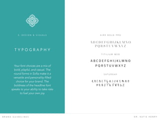 T Y P O G R A P H Y
B R A N D G U I D E L I N E S D R . K A T I E H E N R Y
Your font choices are a mix of
bold, playful, and casual. The
round forms in Sofia make it a
versatile and personality-filled
choice for your brand. The
boldness of the headline font
speaks to your ability to take risks
to fuel your own joy.
3 . D E S I G N & V I S U A L S A I R E B O L D P R O
A B C D E F G H I J K L M N O
P Q R S T U V W X Y Z
T I T I L I U M W E B
A B C D E F G H I J K L M N O
P Q R S T U V W X Y Z
S A T U R D A Y
A B C D E F G H I J K L M N O
P Q R S T U V W X Y Z
 