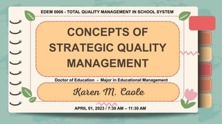 EDEM 0006 - TOTAL QUALITY MANAGEMENT IN SCHOOL SYSTEM
Doctor of Education - Major in Educational Management
APRIL 01, 2023 / 7:30 AM – 11:30 AM
 