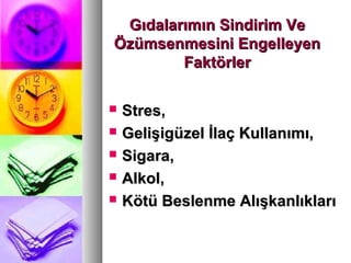Gıdalarımın Sindirim VeGıdalarımın Sindirim Ve
Özümsenmesini EngelleyenÖzümsenmesini Engelleyen
FaktörlerFaktörler
 Stres,Stres,
 Gelişigüzel İlaç Kullanımı,Gelişigüzel İlaç Kullanımı,
 Sigara,Sigara,
 Alkol,Alkol,
 Kötü Beslenme AlışkanlıklarıKötü Beslenme Alışkanlıkları
 