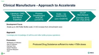 Public
Clinical Manufacture - Approach to Accelerate
Development Focus
-Scale-up to 400 Roller Bottle scale (~4.5X increase from clinical batch size)
Approach
-Leverage prior knowledge of cell line and roller bottle process operations
Parameters
-Multiplicity of Infection
-Day of Infection
-Harvest Time
-Depth Filtration
-Enzyme Reaction
-TFF
Literature, CMO
Data Review
and Merck
Expertise
Process
Development
Kick-Off
[Jun2015]
Scale – Up
experiments
[Jun–Oct2015]
Produced Drug Substance sufficient to make >750k doses
DS-DP
Manufacture
[Oct-Dec 2015-
Jan -Feb 2016]
 