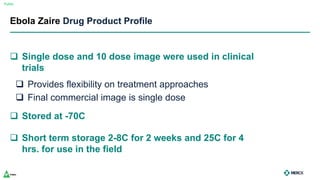 Public
Ebola Zaire Drug Product Profile
 Single dose and 10 dose image were used in clinical
trials
 Provides flexibility on treatment approaches
 Final commercial image is single dose
 Stored at -70C
 Short term storage 2-8C for 2 weeks and 25C for 4
hrs. for use in the field
 