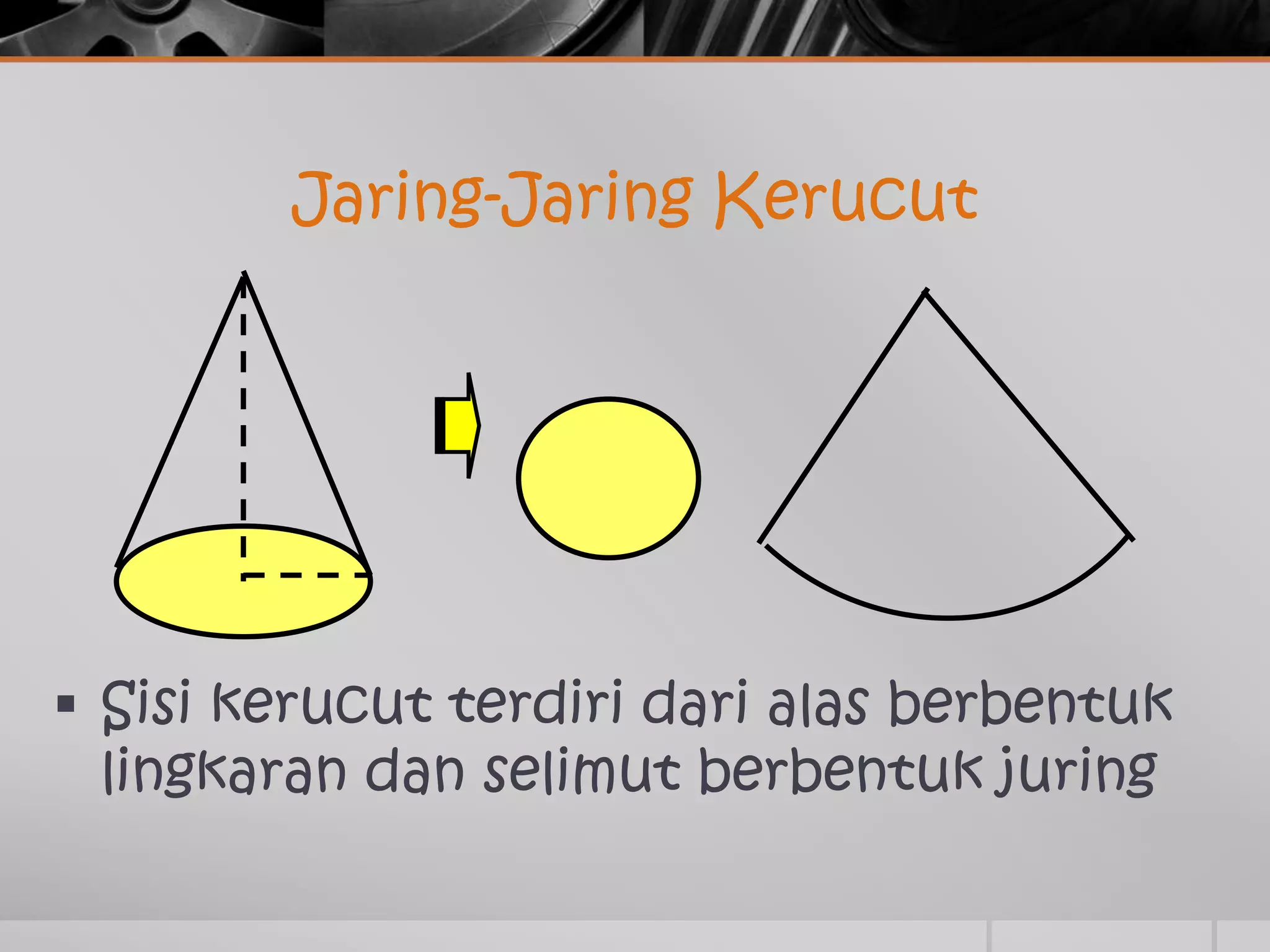 Jaring-Jaring Kerucut
Sisi kerucut terdiri dari alas berbentuk
lingkaran dan selimut berbentuk juring