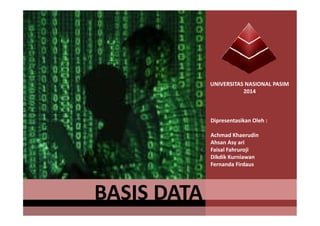 UNIVERSITAS NASIONAL PASIM 
2014 
BASIS DATA 
Dipresentasikan Oleh : 
Achmad Khaerudin 
Ahsan Asy ari 
Faisal Fahruroji 
Dikdik Kurniawan 
Fernanda Firdaus 
 
