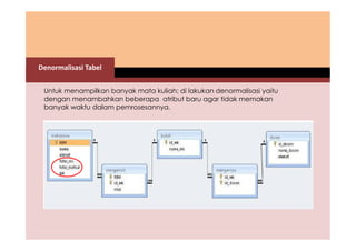 Denormalisasi Tabel 
Untuk menampilkan banyak mata kuliah; di lakukan denormalisasi yaitu 
dengan menambahkan beberapa atribut baru agar tidak memakan 
banyak waktu dalam pemrosesannya. 
 