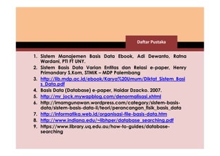 Daftar Pustaka 
1. Sistem Manajemen Basis Data Ebook, Adi Dewanto, Ratna 
Wardani, PTI FT UNY. 
2. Sistem Basis Data Varian Entitas dan Relasi e-paper, Henry 
Primandary S,Kom, STMIK – MDP Palembang 
3. http://lib.mdp.ac.id/ebook/Karya%20Umum/Diktat_Sistem_Basi 
s_Data.pdf 
4. Basis Data (Database) e-paper, Haidar Dzacko. 2007. 
5. http://mr_jock.mywapblog.com/denormalisasi.xhtml 
6. http://imamgunawan.wordpress.com/category/sistem-basis-data/ 
sistem-basis-data-ii/teori/perancangan_fisik_basis_data 
7. http://informatika.web.id/organisasi-file-basis-data.htm 
8. http://www.indiana.edu/~libhper/database_searching.pdf 
9. https://www.library.uq.edu.au/how-to-guides/database-searching 
 