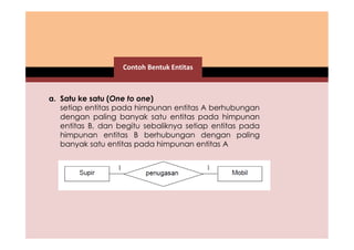 Contoh Bentuk Entitas 
a. Satu ke satu (One to one) 
setiap entitas pada himpunan entitas A berhubungan 
dengan paling banyak satu entitas pada himpunan 
entitas B, dan begitu sebaliknya setiap entitas pada 
himpunan entitas B berhubungan dengan paling 
banyak satu entitas pada himpunan entitas A 
 