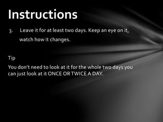 3. Leave it for at least two days. Keep an eye on it,
watch how it changes.
Tip
You don’t need to look at it for the whole two days you
can just look at it ONCE OR TWICE A DAY.
Instructions
 