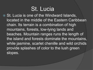  St. Lucia is one of the Windward Islands,
located in the middle of the Eastern Caribbean
chain. Its terrain is a combination of high
mountains, forests, low-lying lands and
beaches. Mountain ranges runs the length of
the island and forests dominate the mountains,
while jasmine, scarlet chenille and wild orchids
provide splashes of color to the lush green
slopes.
St. Lucia
 