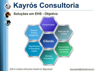Kayrós Consultoria
    Soluções em EHS - Objetivo


                                    Produtividade

                       Reduzir                      Redução de
                       Índices                        Custos
                      Negativos


                                     Cliente
                     Atendimento                    Economizar
                     a Requisitos                   desperdício
                        Legais                       de tempo

                                       Otimizar
                                      Processos




Este é o tempo certo para investir em Segurança!                  kayrosehs@hotmail.com.br
 