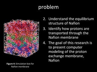 problem Understand the equilibrium structure of Nafion  Identify how protons are transported through the Nafion membrane The goal of this research is to present computer modeling of the proton exchange membrane, Nafion Figure 4:  Simulation box for Nafion membrane 