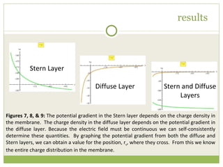 results Figures 7, 8, & 9:  The potential gradient in the Stern layer depends on the charge density in the membrane.  The charge density in the diffuse layer depends on the potential gradient in the diffuse layer. Because the electric field must be continuous we can self-consistently determine these quantities.  By graphing the potential gradient from both the diffuse and Stern layers, we can obtain a value for the position, r s , where they cross.  From this we know the entire charge distribution in the membrane. Stern Layer Diffuse Layer Stern and Diffuse Layers 