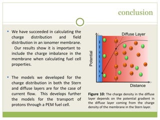 conclusion We have succeeded in calculating the charge distribution and field distribution in an ionomer membrane.  Our results show it is important to include the charge imbalance in the membrane when calculating fuel cell properties.  The models we developed for the charge distribution in both the Stern and diffuse layers are for the case of current flow.  This develops further the models for the transport of protons through a PEM fuel cell.  Figure 10:  The charge density in the diffuse layer depends on the potential gradient in the diffuse layer coming from the charge density of the membrane in the Stern layer. Diffuse Layer + Distance Platinum - - - - + + + - - - - - + + + + + + + + 
