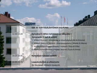 MIKKELIN II KÄYTTÄJÄTORI   I   14.4.2009




                OSA IV– KÄYTTÄJÄLÄHTÖINEN KAUPUNKI

12.50-13:20     Ryhmätyö II: Miten kehittäminen näkyväksi –
                Toimenpide (1 kpl) & vetäjät
                1. Mikkeli-foorumi: elinvoimaa ja kilpailukykyä (Aki & Kimmo)
                2. Mikkeli-foorumi: Sosiaali- ja terveyspalvelut (Maikki & Maria)
                3. Käyttäjäyhteisöt voimavarana: konkarit (Teija & Ville)
                4. Käyttäjäyhteisöt voimavarana: nuoret (Tuula & Anna)

14:25-14:45     Ryhmätyön tulosten esittely

14:45-15:00     Loppukeskustelu ja yhteenveto
                Aki Kauranen, Mikkelin kaupunki
•
 