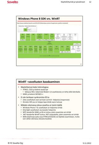 Käyttöliittymät ja työvälineet     12




           Windows Phone 8 SDK vrs. WinRT
         http://www.mobiletechworld.com/2012/07/26/windows-phone-8-application-platform-detailed/




                                                                                                            23




           WinRT –sovellusten koodaaminen
           • Käytettävissä kaksi teknologiaa
               • HTML5, CSS3 ja kielenä JavaScript
                 • Valtaosa MS:n tekemistä Modern UI-sovelluksista on tehty tällä tekniikalla
               • XAML ja kielenä C#/VB/C++
           • Ei ole lainkaan synkronista IO:ta
               • Jotta sovellukset ovat varmasti sormiUI –kelpoisia (responsive)
               • Onneksi C#5:ssa on helppo tapa tehdä async-kutsuja
           • Mikään olemassa oleva sovellus ei toimi täällä
               •   Windows Phone 7 SL-sovellukset on helpointa siirtää
               •   Silverlight-sovellukset seuraavaksi helpointa
               •   WPF-koodarille XAML ja C# on tuttua, joten osaamista voi siirtää
               •   .NET-koodarille WinRT tuntuu .NET-osajoukolta, joten osaamista voi siirtää
               •   WEB-ohjelmoija (joka osaa HTML5/CSS3/JS) voi käyttää osaamistaan, mutta
                   vain vähän olemassa olevasta koodista




© FC Sovelto Oyj                                                                                                 9.11.2012
 