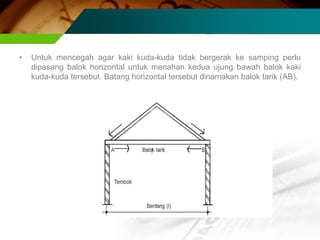 • Untuk mencegah agar kaki kuda-kuda tidak bergerak ke samping perlu
dipasang balok horizontal untuk menahan kedua ujung bawah balok kaki
kuda-kuda tersebut. Batang horizontal tersebut dinamakan balok tarik (AB).
 