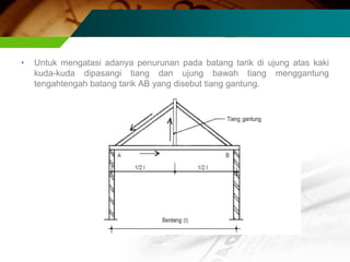• Untuk mengatasi adanya penurunan pada batang tarik di ujung atas kaki
kuda-kuda dipasangi tiang dan ujung bawah tiang menggantung
tengahtengah batang tarik AB yang disebut tiang gantung.
 