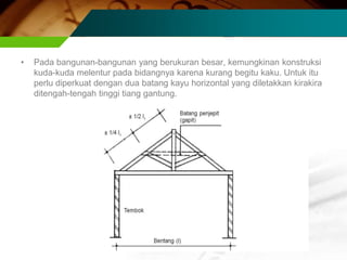 • Pada bangunan-bangunan yang berukuran besar, kemungkinan konstruksi
kuda-kuda melentur pada bidangnya karena kurang begitu kaku. Untuk itu
perlu diperkuat dengan dua batang kayu horizontal yang diletakkan kirakira
ditengah-tengah tinggi tiang gantung.
 