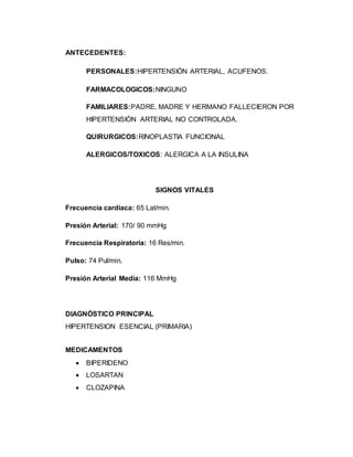 ANTECEDENTES:
 PERSONALES:HIPERTENSIÓN ARTERIAL, ACUFENOS.
 FARMACOLOGICOS:NINGUNO
FAMILIARES:PADRE, MADRE Y HERMANO FALLECIERON POR
HIPERTENSIÓN ARTERIAL NO CONTROLADA.
QUIRURGICOS:RINOPLASTIA FUNCIONAL
ALERGICOS/TOXICOS: ALERGICA A LA INSULINA
SIGNOS VITALES
Frecuencia cardiaca: 65 Lat/min.
Presión Arterial: 170/ 90 mmHg
Frecuencia Respiratoria: 16 Res/min.
Pulso: 74 Pul/min.
Presión Arterial Media: 116 MmHg
DIAGNÓSTICO PRINCIPAL
HIPERTENSION ESENCIAL (PRIMARIA)
MEDICAMENTOS
 BIPERIDENO
 LOSARTAN
 CLOZAPINA
 
