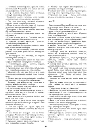 2 Тастардың қосылыстарының арасына тырнақ
жабысатындай; Сондықтан күнә сатып алу мен
сатудың арасында тығыз байланысты.
3 Егер кімде-кім Жаратқан Иеден қорықпаса,
оның үйі жақын арада жойылады.
4 Елеуішпен електен өткізгенде, қоқыс қалады.
сондықтан оның сөзінде адамның арамдығы.
5 Пеш қыш ыдыстарын тексереді; сондықтан
адамның сынағы оның пайымдауында.
6 Жеміс ағаштың киінгенін көрсетеді; Адамның
жүрегіндегі мақтаныш сөздері де солай.
7 Оның сөзін естімей тұрып, ешкімді мадақтама;
Өйткені бұл адамдардың сынағы.
8 Егер сен әділдікке ерсең, оны алып, даңқты ұзын
көйлек киесің.
9 Құстар өздеріне ұқсайды. Осылайша шындық
онымен әрекет ететіндерге қайта оралады.
10 Арыстан олжасын күткендей; Зұлымдық
жасайтындар үшін күнә жаса.
11 Тақуа адамның сөзі әрқашан даналыққа толы;
бірақ ақымақ ай сияқты өзгереді.
12 Егер сен ақылсыздардың қатарында болсаң,
уақытты сақта; бірақ үнемі ақылды адамдардың
арасында бол.
13 Ақымақтардың сөзі ренжітеді, ал олардың
ойыны күнәнің азғындығы.
14 Көп ант берушінің сөзі шашын тік етеді. және
олардың төбелестері оның құлағын тоқтатады.
15 Тәкаппарлардың дауы – қантөгіс, олардың
қорлауы – құлаққа ауыр тиеді.
16 Құпияны ашқан адам абыройынан айырылады;
және оның ойына ешқашан дос таба алмайды.
17 Досыңды сүй, оған адал бол, ал егер оның
құпияларына опасыздық жасасаң, оның соңынан
ерме.
18 Өйткені адам өз жауын жойғандай; осылайша
сен көршіңнің сүйіспеншілігінен айырылдың.
19 Қолынан құсты жіберген адам сияқты, сен де
көршіңді жіберіп, оны қайта алмайсың.
20 Енді оның соңынан ермеңдер, өйткені ол тым
алыс; ол тордан құтылған еліктей.
21 Жараға келсек, ол байланған болуы мүмкін; Ал
қорлаудан кейін татуласу болады, ал құпияға
опасыздық жасаушы үмітсіз.
22 Көзін жыпылықтаған зұлымдық жасайды, оны
білген адам одан кетеді.
23 Сен барсаң, ол тәтті сөйлеп, сенің сөздеріңе
сүйсінеді, бірақ ақырында ол аузын бұртиды және
сөздеріңді жамандайды.
24 Мен көп нәрсені жек көрдім, бірақ оған
ұқсамайтынмын; Өйткені Жаратқан Ие оны жек
көреді.
25 Кім биікке тас лақтырса, оны өз басына
лақтырады; Ал алдамшы соққы жаралар жасайды.
26 Кім шұңқыр қазса, сонда құлап қалады, ал
тұзақ құрған адам сонда ұсталады.
27 Зұлымдық жасаған адам оның басына түседі
және оның қайдан келгенін білмейді.
28 Мазалау мен қорлау тәкаппарлардан; Ал
арыстандай кек оларды күтіп тұр.
29 Әділдің құлағанына қуанғандар тұзаққа түседі.
және олар өлмес бұрын оларды азап жейді.
30 Зұлымдық пен қаһар — бұл да жиіркенішті
істер; Ал күнәкар адам екеуіне де ие болады.
тарау 28
1 Кек алған адам Жаратқан Иеден кек алады және
ол күнәларын міндетті түрде еске алады.
2 Көршіңнің саған жасаған зиянын кешір, дұға
еткенде сенің де күнәларың кешіріледі.
3 Бір адам екіншісін жек көреді, ал ол Жаратқан
Иеден кешірім сұрай ма?
4 Ол өзіне ұқсайтын адамға мейірім көрсетпейді
және ол өз күнәлары үшін кешірім сұрай ма?
5 Тән ғана өшпенділікпен қоректенетін болса,
оның күнәларының кешірілуін кім сұрайды?
6 Өзіңнің ақыретіңді есіңе ал, дұшпандық
тоқтатсын. жемқорлық пен өлімді есіңе ал, және
өсиеттерді орында.
7 Өсиеттерді есіңе ал, Жақыныңа жамандық
жасама: Ең Жоғарғының келісімін есіңе ал,
Надандыққа көзіңді қыс.
8 Дау-дамайдан аулақ бол, сонда күнәларыңды
азайтасың, өйткені ашулы адам жанжал
тудыратын болады,
9 Күнәкар адам достарын ренжітеді, тату-тәтті
адамдармен дауласады.
10 От қандай болса, ол да жанады, адамның күші
қандай болса, оның қаһары да сондай; Оның
байлығына қарай ашуы көтеріледі; және олар
қаншалықты күшті болса, соғұрлым олар
қабынуға ұшырайды.
11 Асыққан дау отты жағады, асығыс ұрыс қан
төгеді.
12 Егер сен ұшқын шығарсаң, ол жанып кетеді,
үстіне түкірсең, ол сөнеді, екеуі де аузыңнан
шығады.
13 Сыбырлаушы мен қос тілді қарғасын!
14 Ғайбатшы тіл көптің мазасын алып, халықтан
ұлтқа айдап әкетті, күшті қалаларды қиратып, ұлы
адамдардың үйлерін қиратты.
15 Ғайбатшы тіл ізгі әйелдерді қуып жіберді және
оларды еңбектерінен айырды.
16 Оған құлақ асатын адам ешқашан тыныштық
таппайды және тыныш өмір сүрмейді.
17 Қамшының сабы денеде із қалдырады, ал тілдің
соғуы сүйектерді сындырады.
18 Көп адам семсерден қаза тапты, бірақ тілден
қаза тапқандар көп емес.
19 Оның уы арқылы қорғанған жақсы! Ол оның
қамытын тартпаған және оның бауларына
байланбаған.
20 Оның қамыты — темір қамыт, баулары — жез
баулар.
84
 