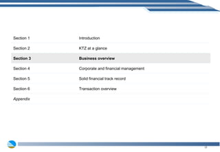 Section 1 Introduction Section 2 KTZ at a glance Section 3 Business overview Section 4 Corporate and financial management Section 5 Solid financial track record Section 6 Transaction overview Appendix 
