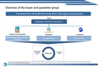 Overview of the issuer and guarantor group JSC National Company Kazakhstan Temir Zholy  JSC Kaztemirtrans  JSC Locomotive Company and Guarantor Guarantor Guarantor Total assets * Prior to the first interest payment date, KTZ intends to, upon satisfaction of certain conditions, be substituted for the Issuer. The Company has until the second interest payment date to effect the intended substitution without the consent of the noteholders and the Trustee A Eurobond issue will benefit from strong direct credit support from guarantors Issuer Kazakhstan Temir Zholy Finance B.V. * 