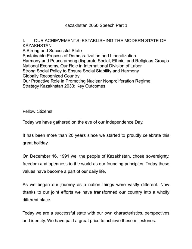 Kazakhstan 2050 speech part 1 | PDF